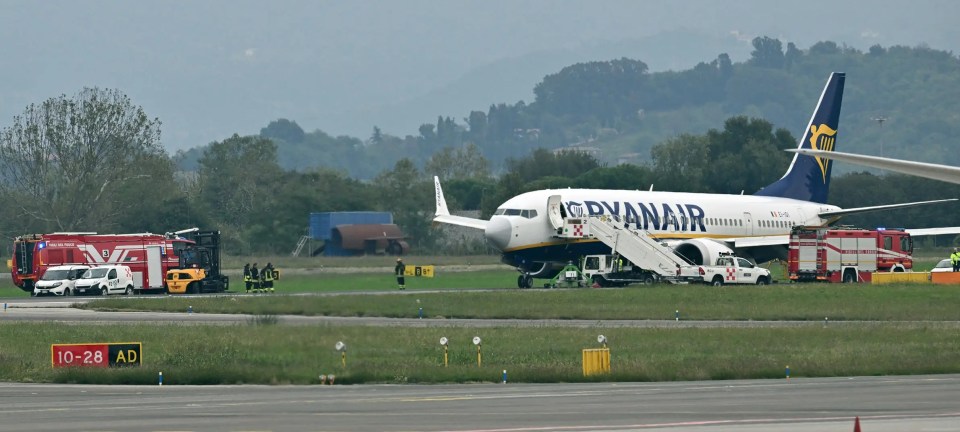 Emergency vehicles surrounding the aircraft on the runway