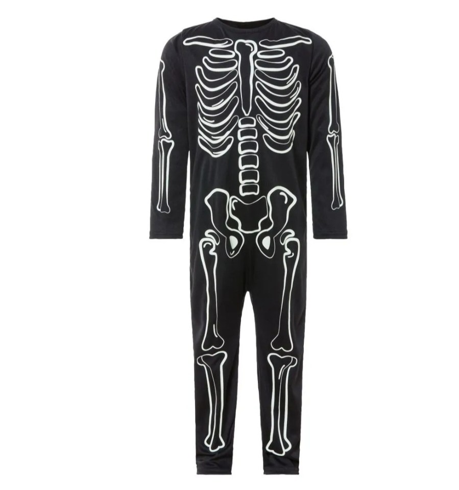 a black skeleton costume with white bones on it