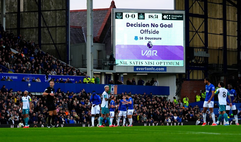 a soccer field with a scoreboard that says decision no goal offside