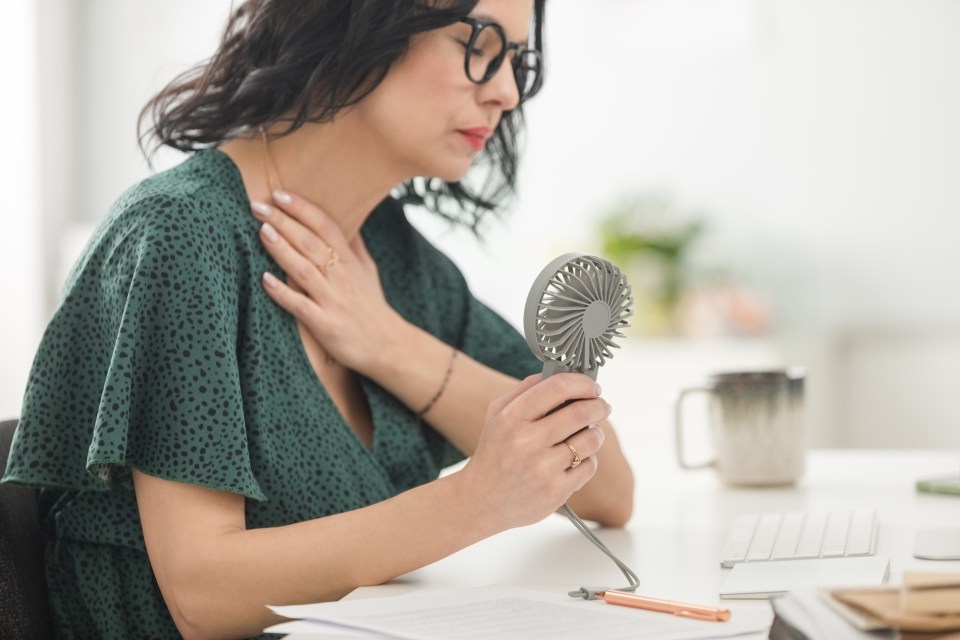 a woman sitting at a desk holding a small fan