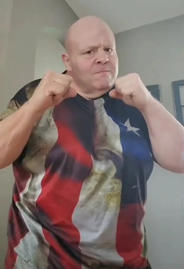 a bald man wearing an american flag t-shirt has a tiktok account