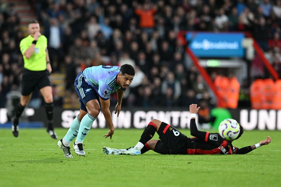 William Saliba saw red for a challenge that was clumsy in more ways than one as he felled Bournemouth striker Evanilson in mid-pitch