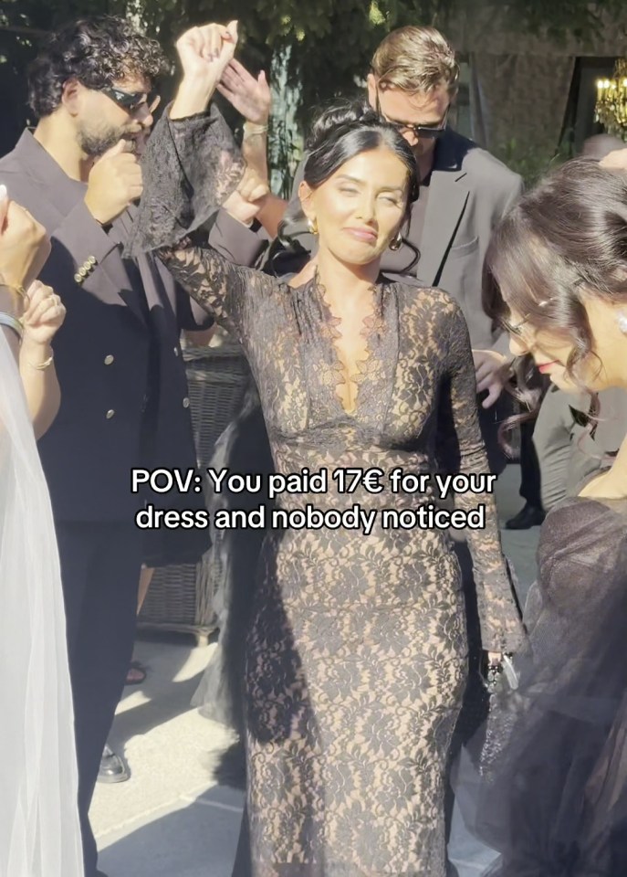 a woman in a black lace dress is dancing with a caption that says pov you paid 17c for your dress and nobody noticed