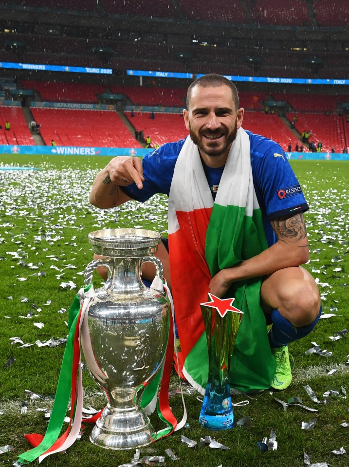 soccer player leonardo bonucci of italy celebrates with the uefa euro 2020 trophy