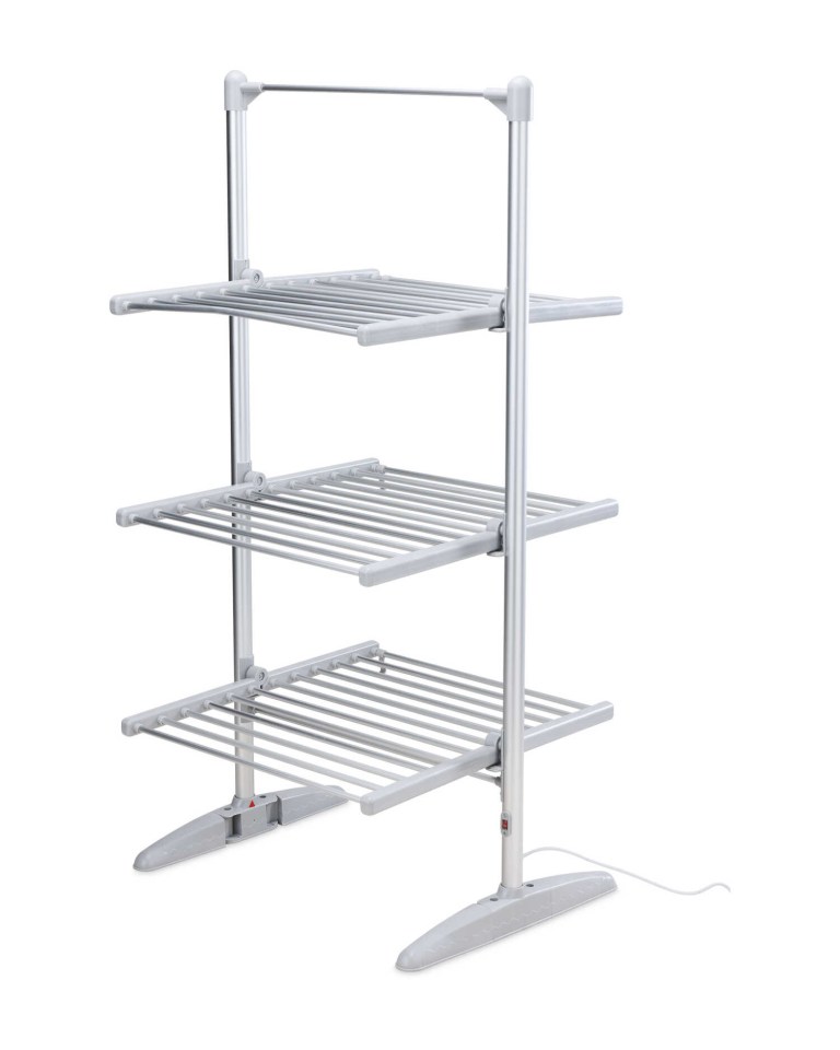 a clothes drying rack with three shelves on a white background