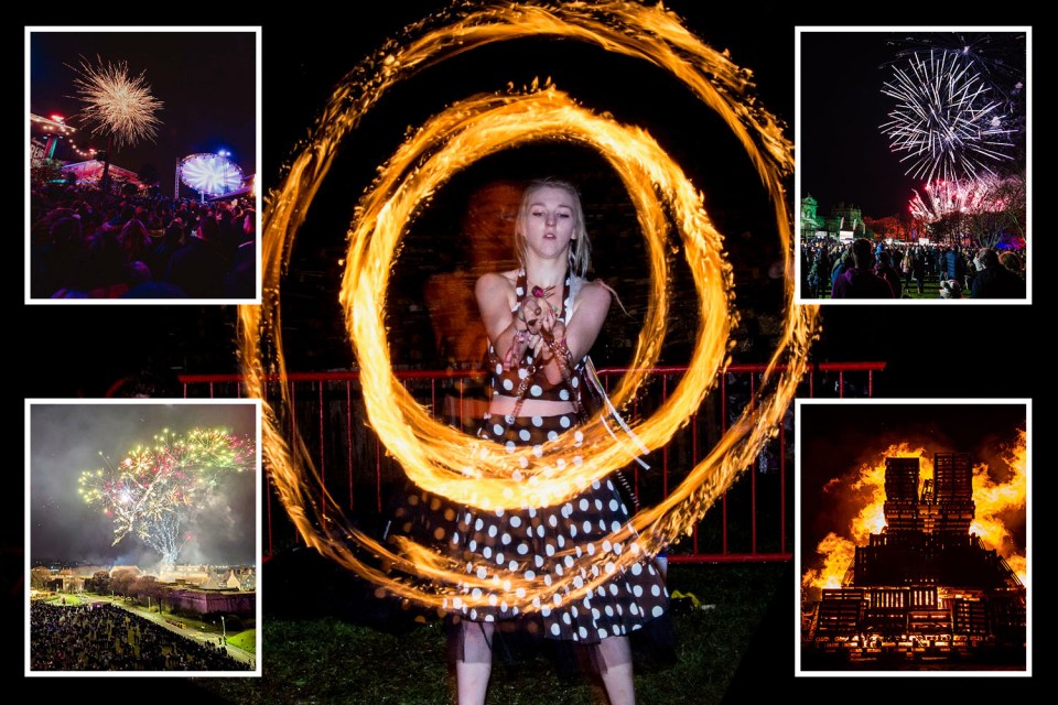 a woman in a polka dot dress is surrounded by fire