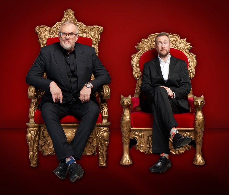 two men in suits are sitting on thrones on a red background