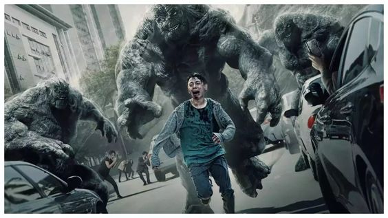 a man is running from a monster on a city street .