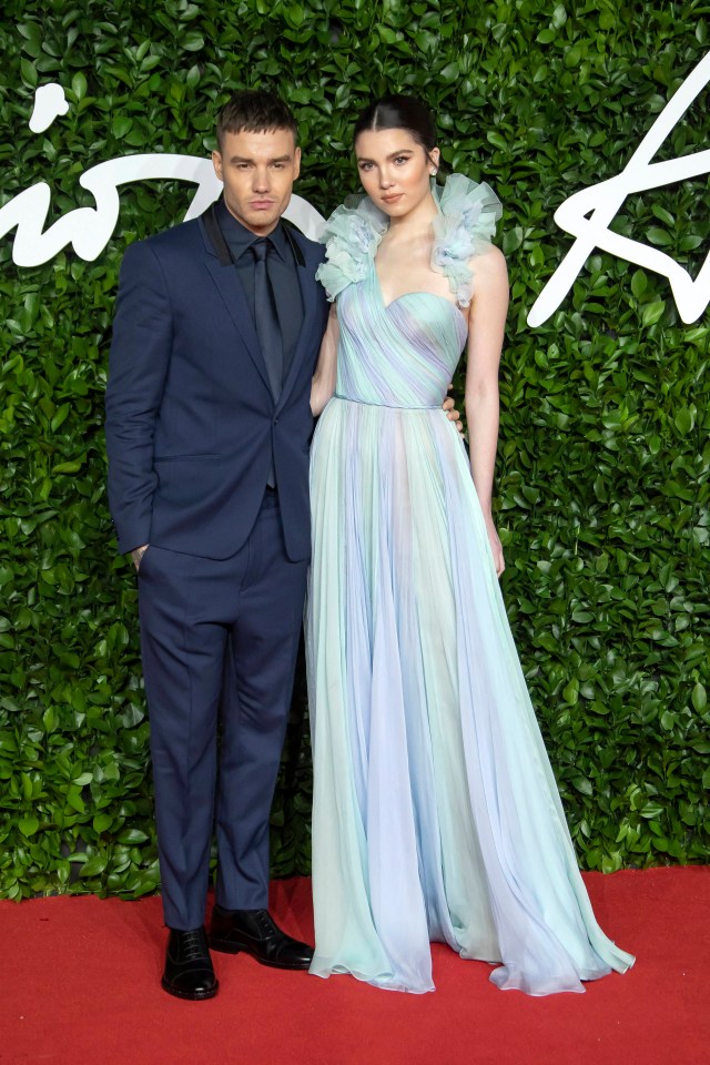 a man in a suit stands next to a woman in a blue dress on a red carpet