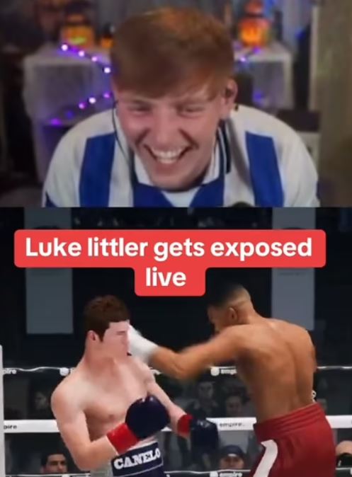 a picture of a man laughing next to a picture of a man boxing with the caption luke littler gets exposed live