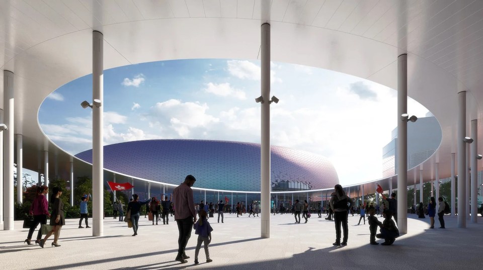 an artist 's impression of a stadium with people walking around