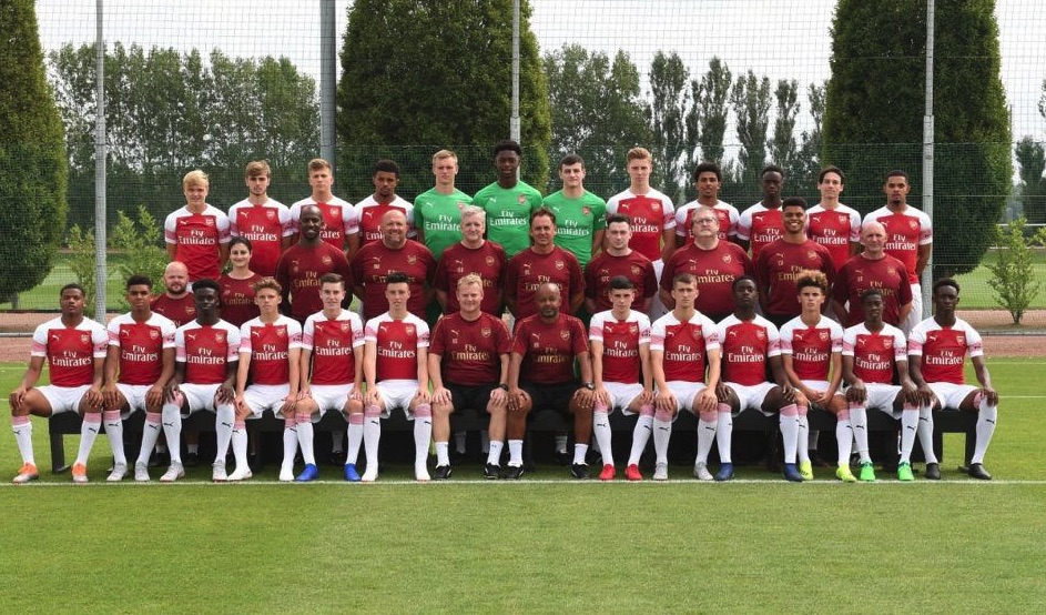 Sam Greenwood (front row, sixth from left) was in Arsenal's academy at teh same time as Bukayo Saka (front row, third from left)