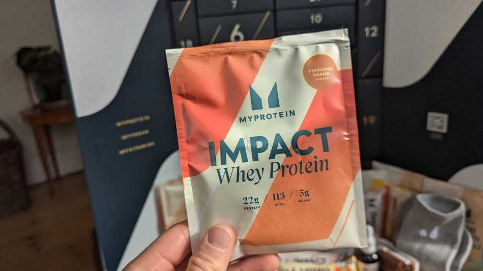 Several flavours of MyProtein's Whey Protein are included — a standout is this Cinnamon Danish flavour