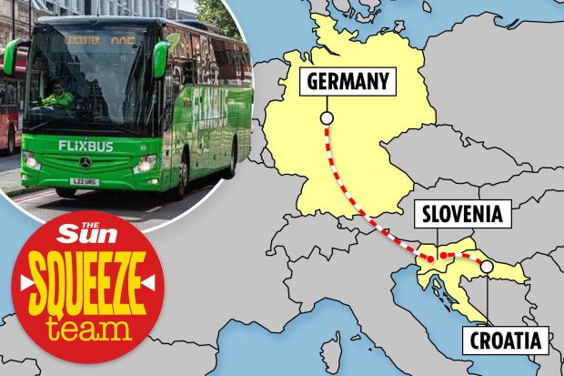 a green flixbus is shown next to a map of europe