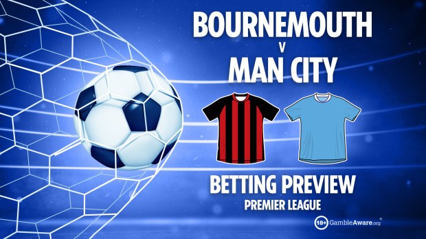 a poster for bournemouth v man city shows a soccer ball and jerseys