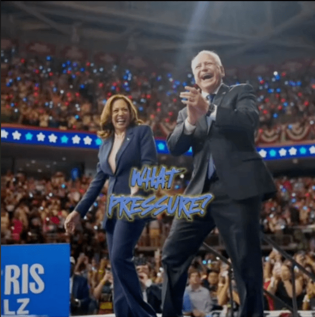 a man and a woman are standing in front of a crowd and a sign that says what pressure