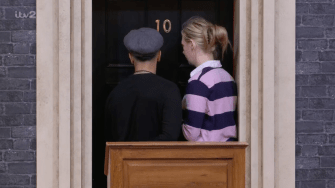 It came as she banged on a mock-up of 10 Downing Street