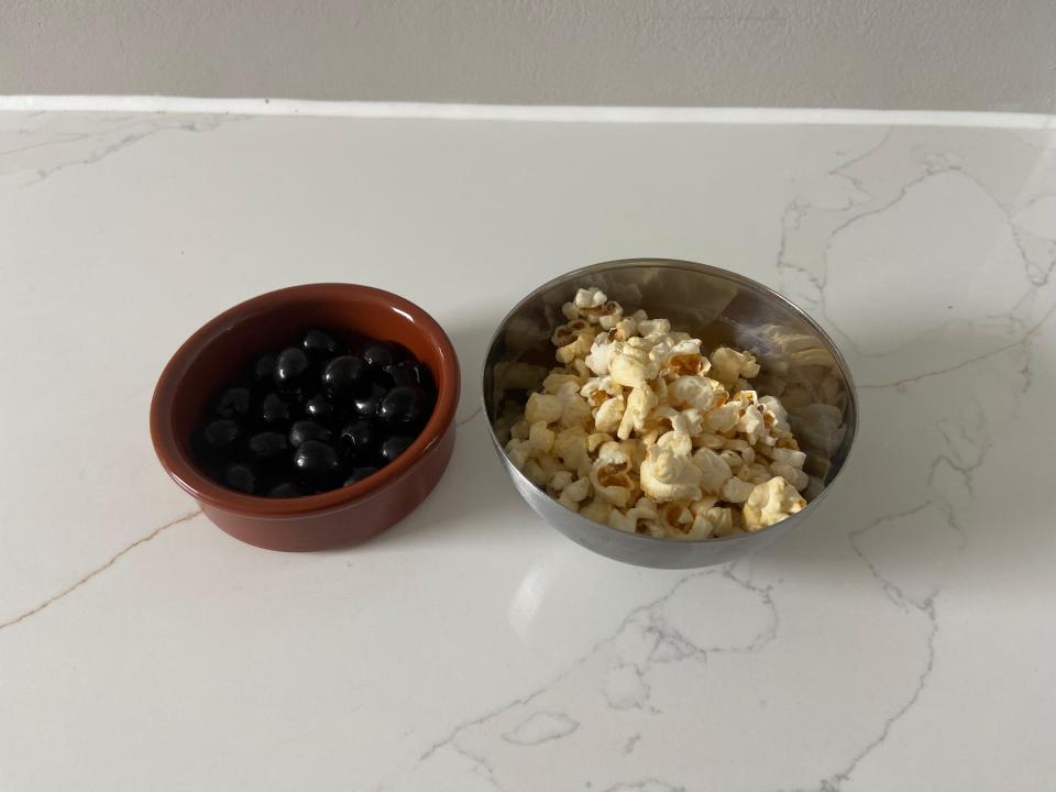 We know that Kate loves to snack on olives or popcorn - so I tried both