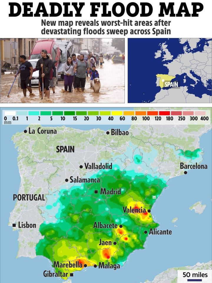 A map shows the areas hit the worst by the recent floods in Spain