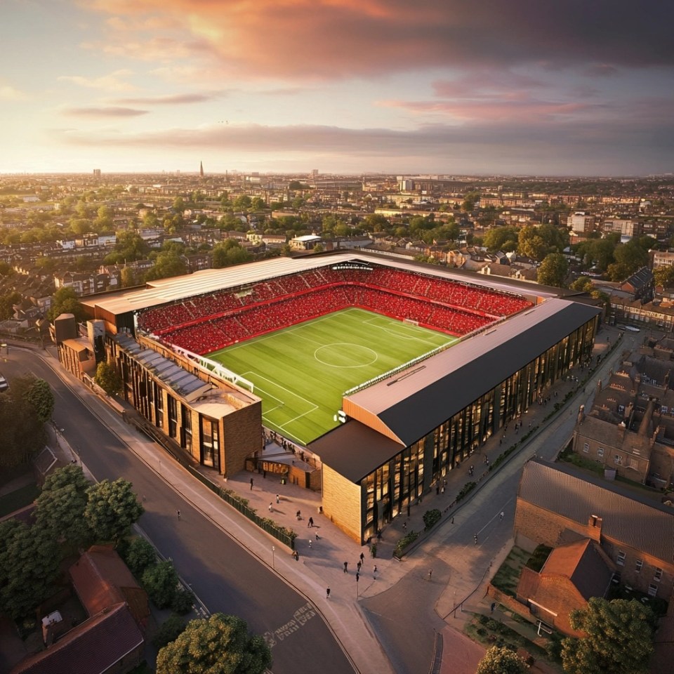 an aerial view of a soccer stadium with a red roof