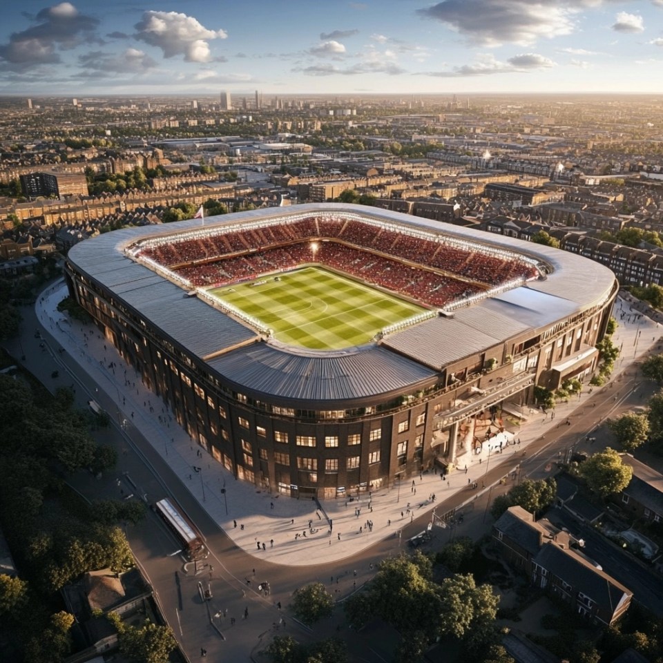 an aerial view of a soccer stadium with red seats