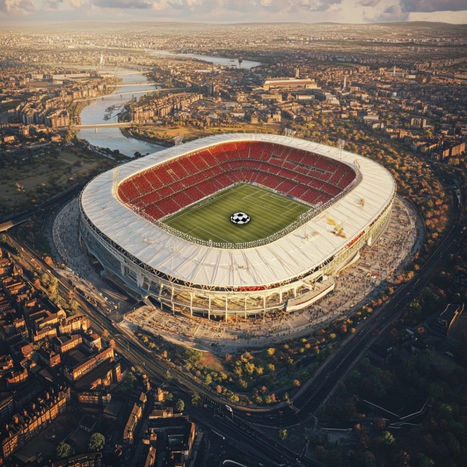 an aerial view of a soccer stadium with a soccer ball on the field