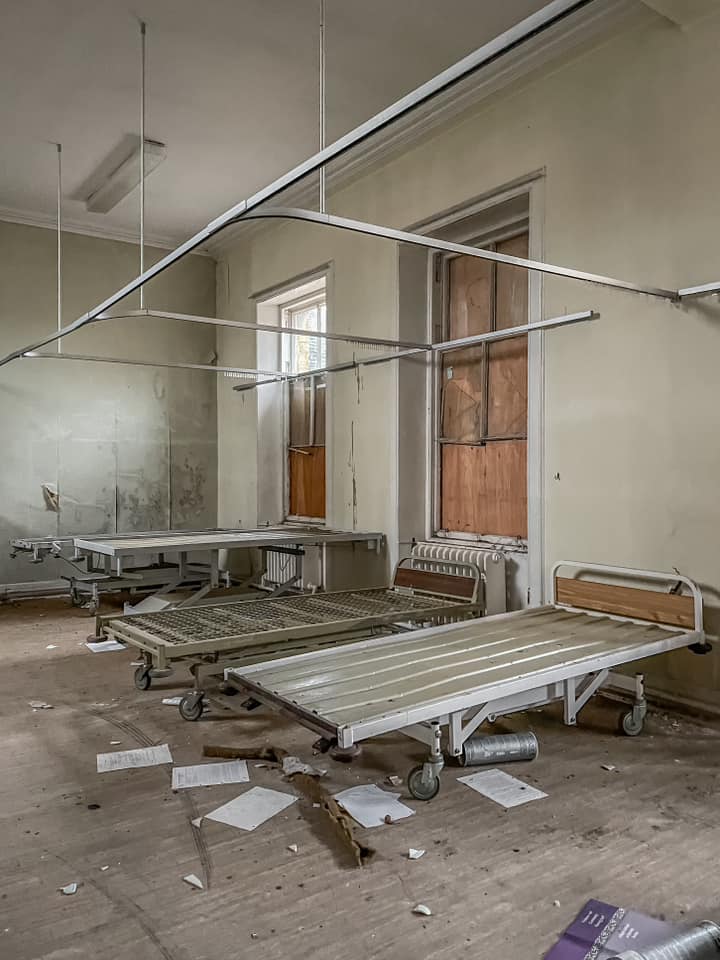 Hospital beds remain inside the building