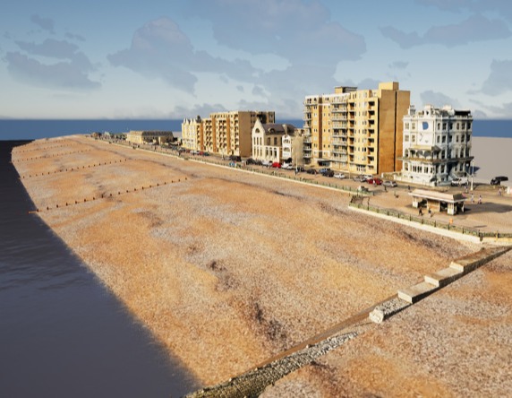 an aerial view of a beach with buildings in the background