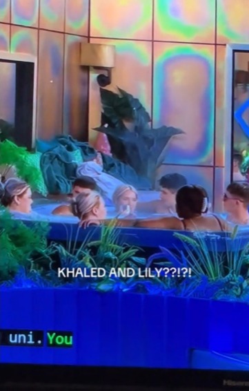 a group of people in a hot tub with the words khaled and lily on the screen