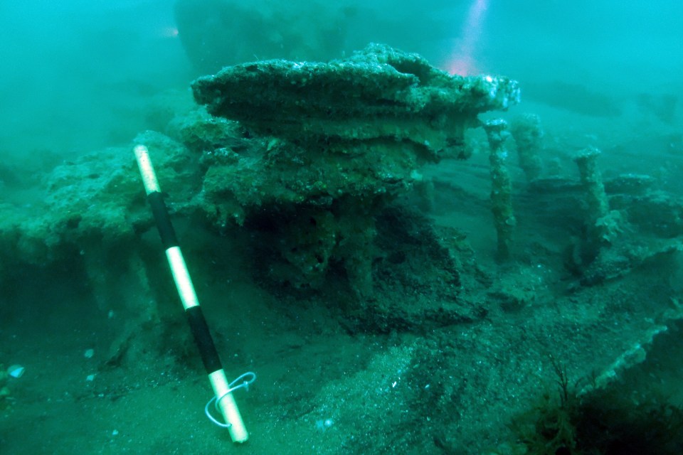 a yellow and black pole is in the water near a large rock