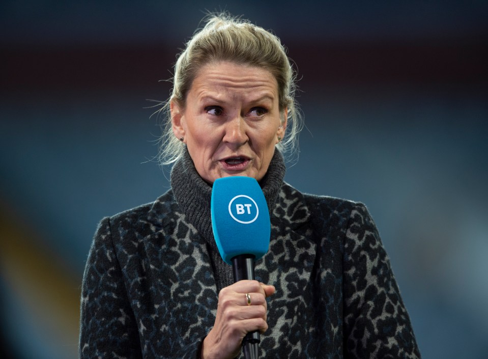 a woman in a leopard print coat is holding a blue bt microphone