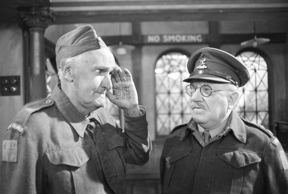 John Laurie (Private Frazer) and Arthur Lowe (Captain Mainwaring) during an episode of the BBC comedy series ‘Dad’s Army’ filmed on July 30, 1977.