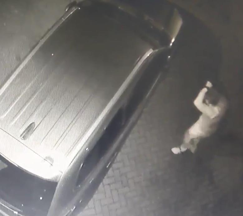 One of the thieves using a keyless device to spring open a car