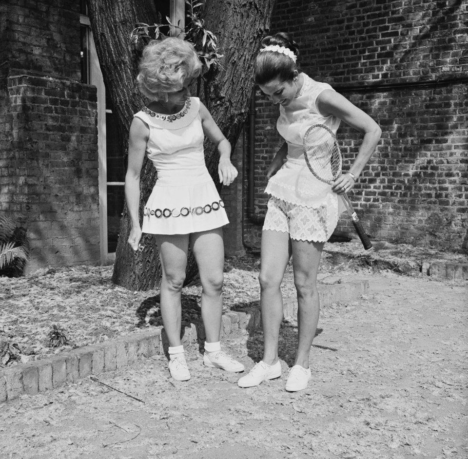 Lea Pericoli of Italy (left) and Carol Kalogeropoulos of Greece, modeling Dacron outfits by English fashion designer Ted Tinling in 1970