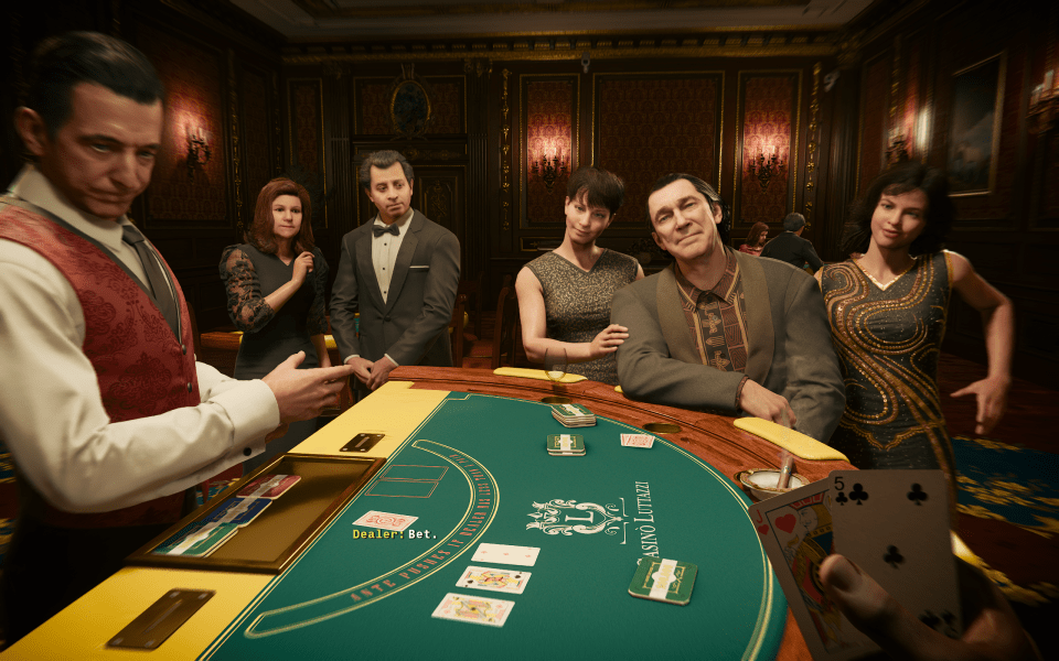 A group of characters playing a game of poker at a casino in a screenshot from the Call of Duty: Black Ops 6 video game.