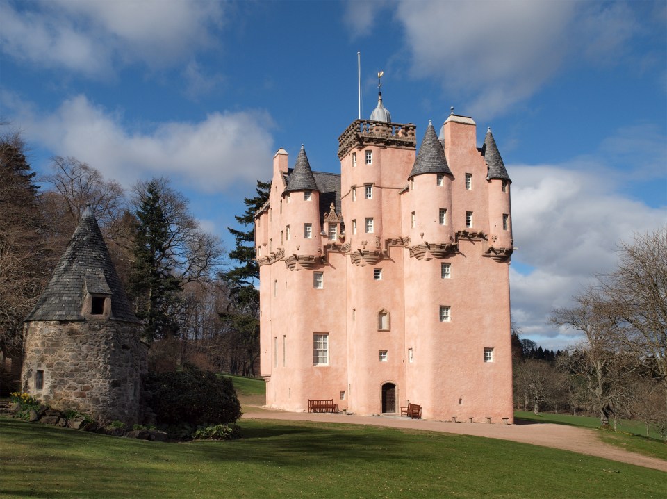 a pink castle with a flag on top of it