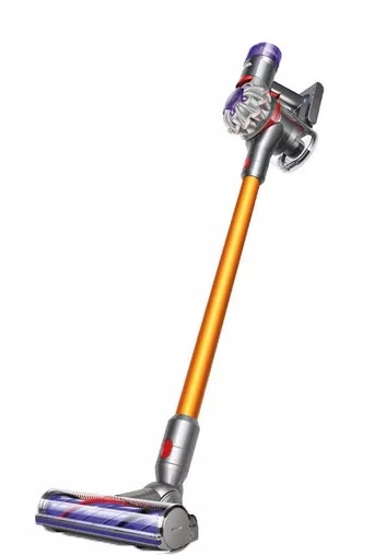 a dyson v8 cordless vacuum cleaner is sitting on a white surface .