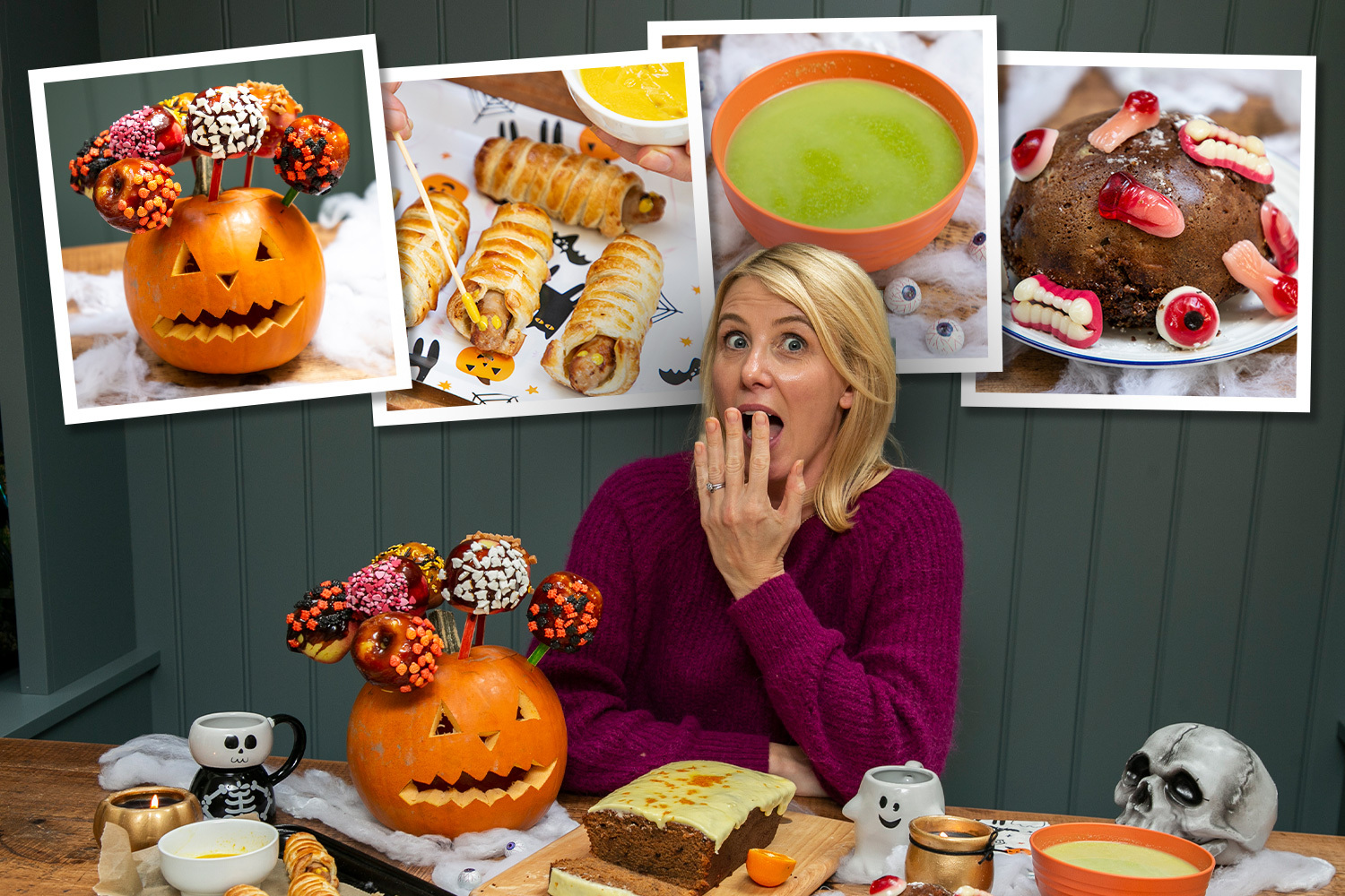 a woman with a surprised look on her face is surrounded by pictures of halloween food