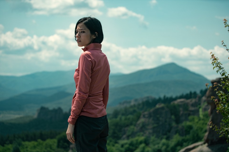 a woman in a pink shirt stands in front of a mountain range