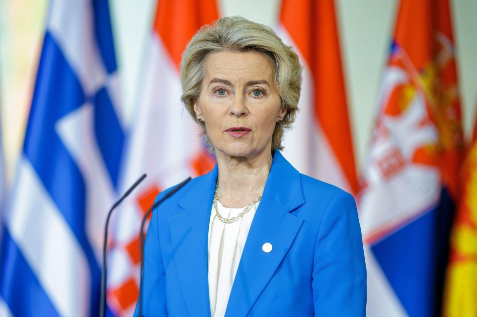 a woman in a blue jacket stands in front of flags