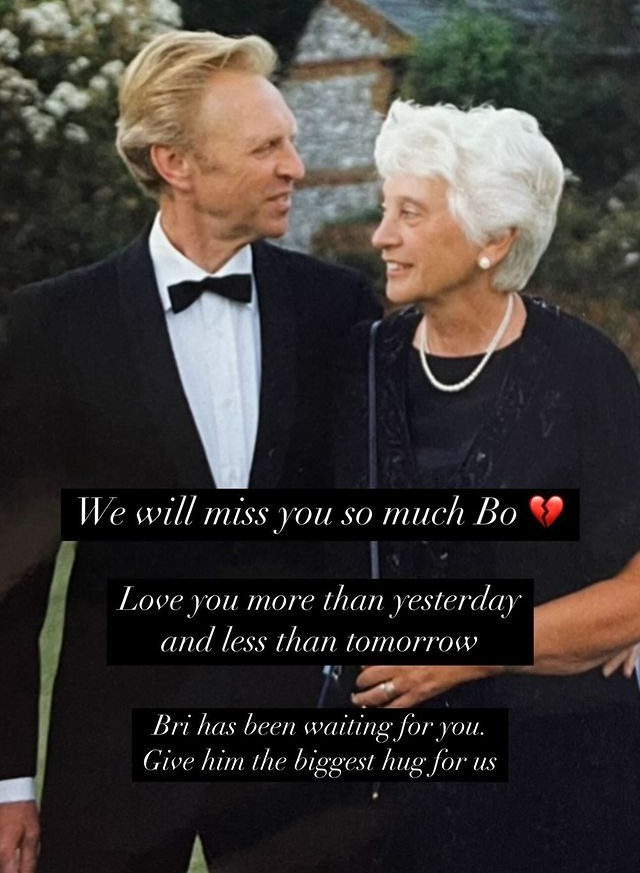 a man and woman standing next to each other with the words we will miss you so much bo above them