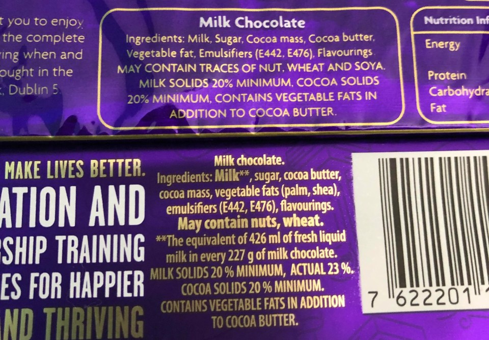 They also compared the ingredients - the 2005 bar is top and the 2024 one bottom