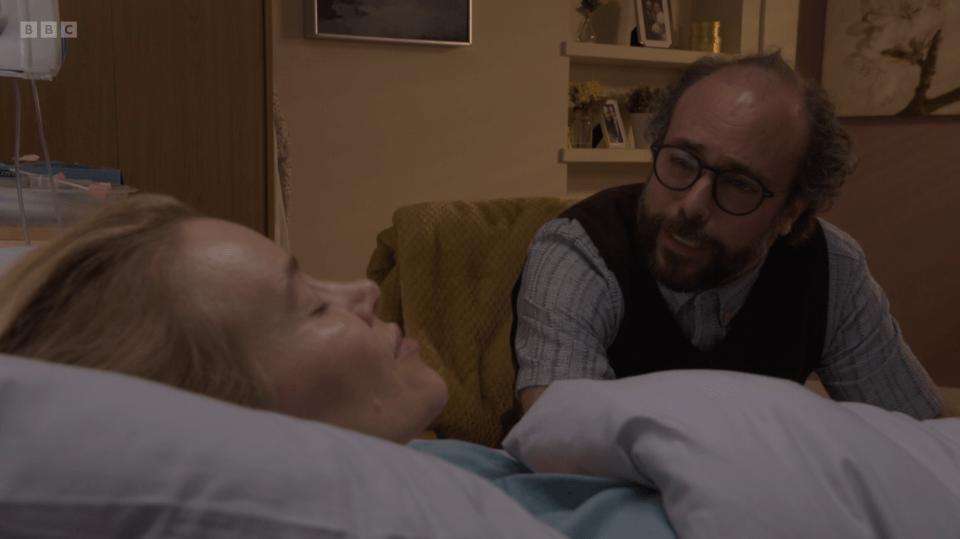 a man talking to a woman in a hospital bed with bbc written on the bottom