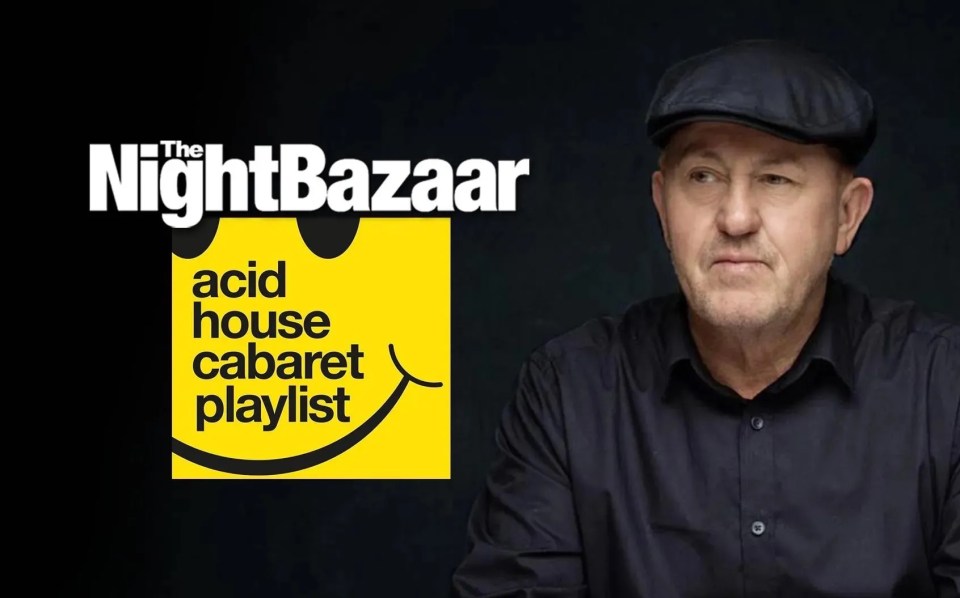 a man stands in front of an acid house cabaret playlist logo