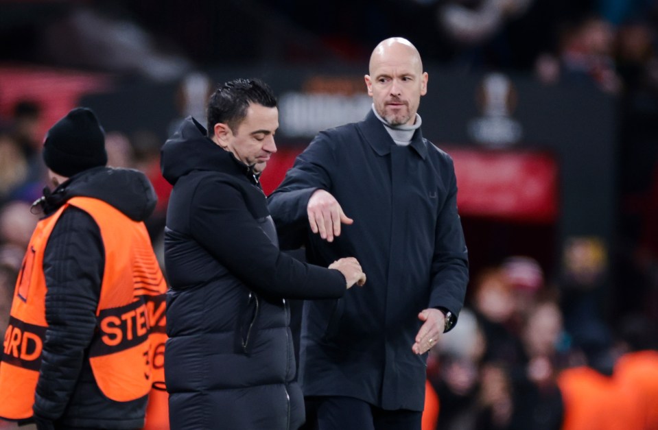 Season 2022-2023 UEFA Europa League Round of 32, Second leg. Manchester United v Barcelona Pic Richard Pelham. 23.02.2023 Manchester United Manager Erik ten Hag and FC Barcelona Head Coach Xavi at end