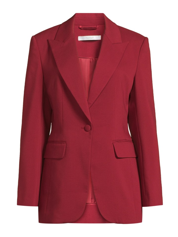 a red blazer with a label that says ' calvin klein ' on it