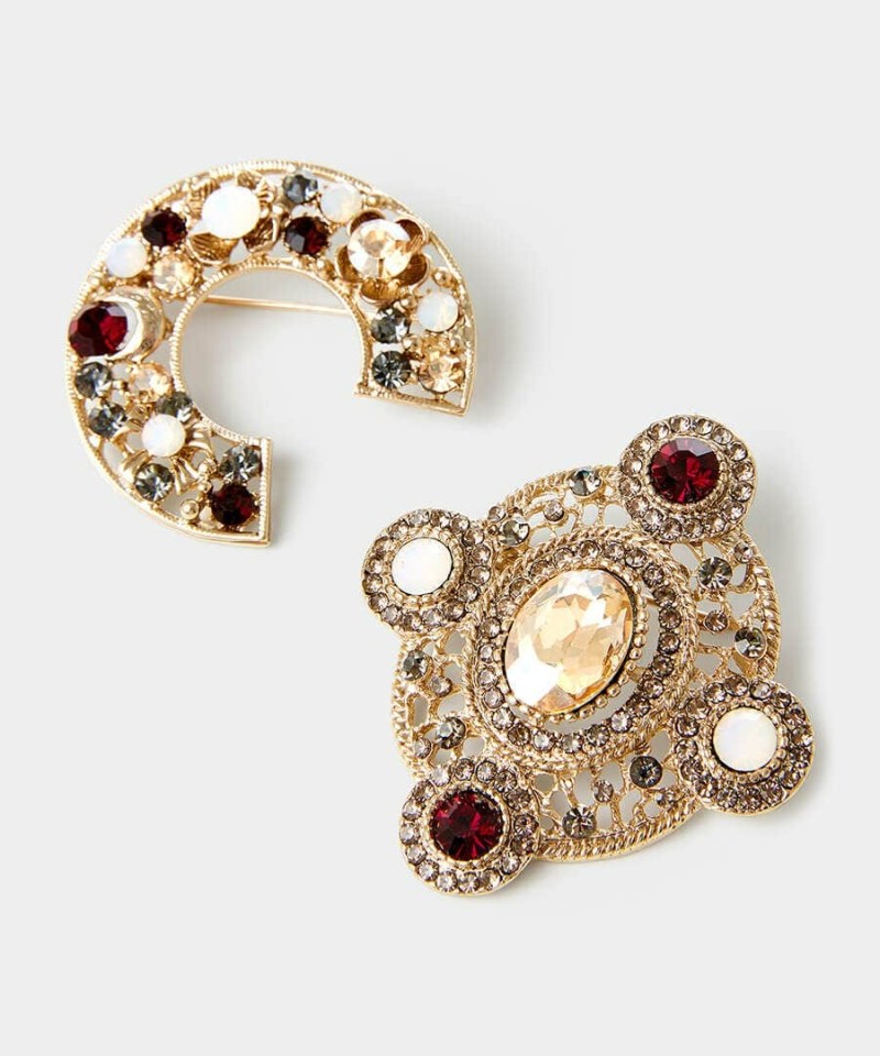 two brooches one of which has a horseshoe on it