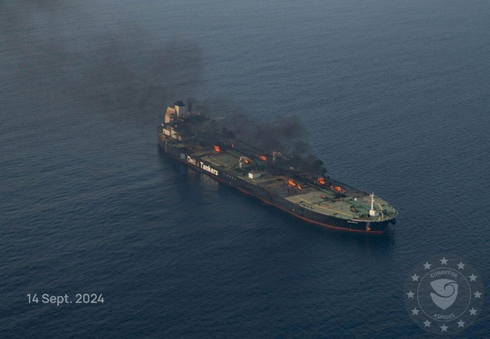 A Greek-flagged oil tanker Sounion after an attack by Houthi militants, on the Red Sea