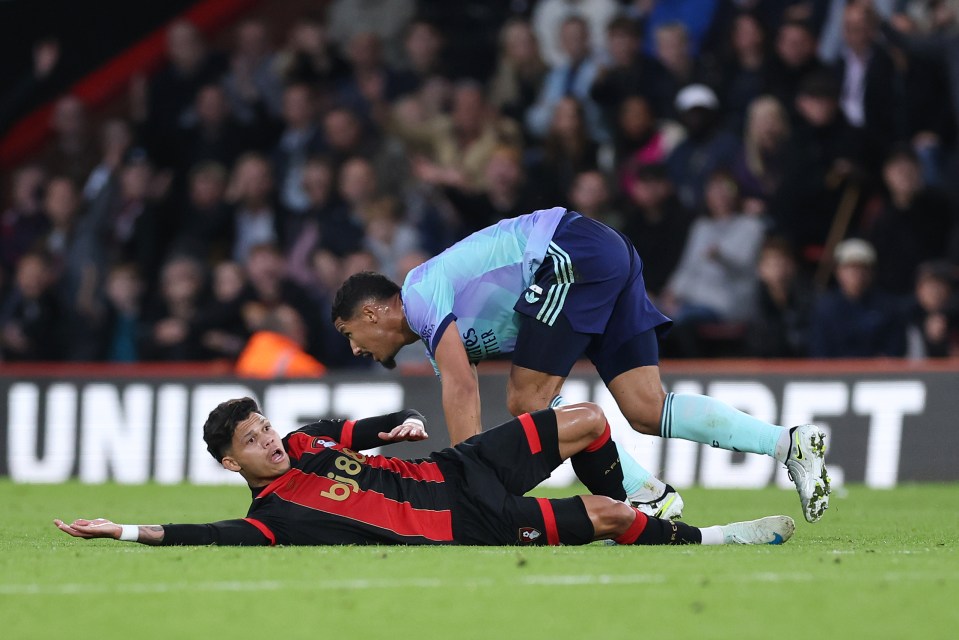 Arsenal star William Saliba was sent off for a foul on Evanilson - their third red in six games