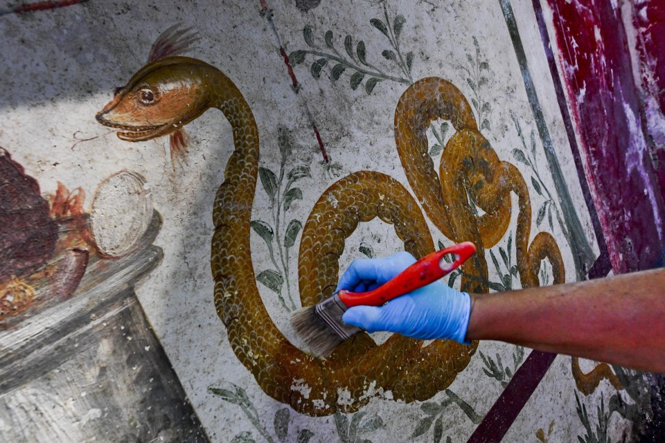 a person is painting a snake with a red brush